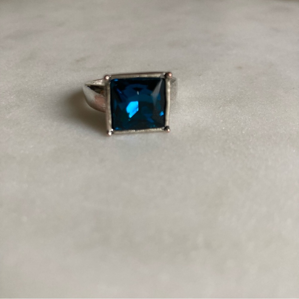 Square Blue Faceted Stone Silver Ring